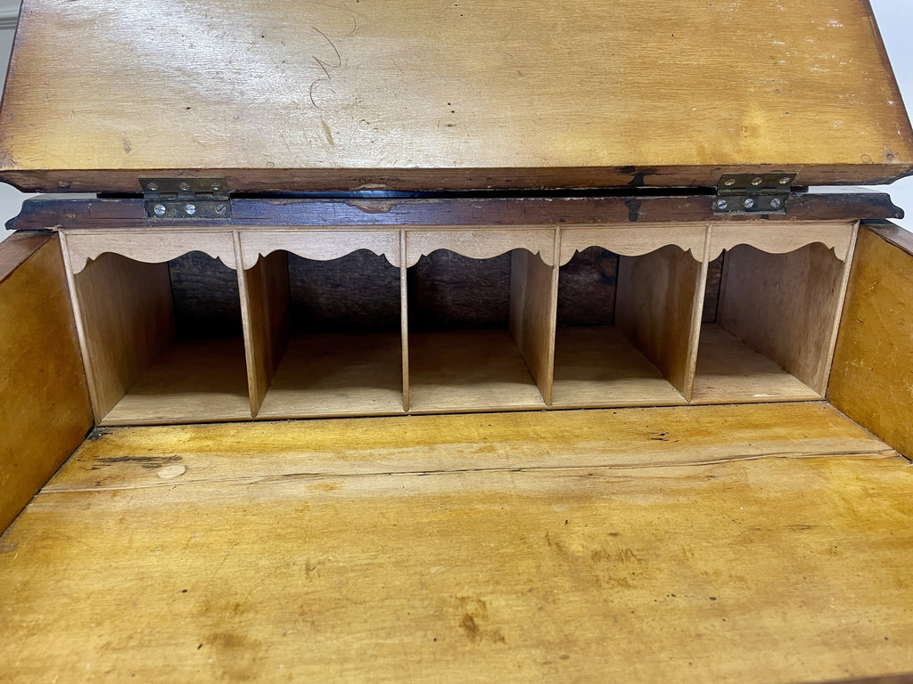 Antique Victorian Burr Walnut Davenport Writing Desk with original dark green leather top, boxwood stringing, side drawers, and turned columns on castors.