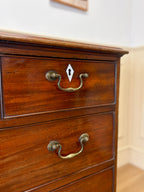 Wooden dresser with brass handles on a neutral background