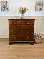 Antique light oak farmhouse chest of drawers with brass handles and patina